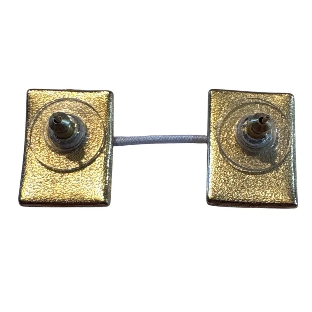 1990s Geometric Pink Cream Enamel Gold Tone Rectangle Stud Earrings Retro Style